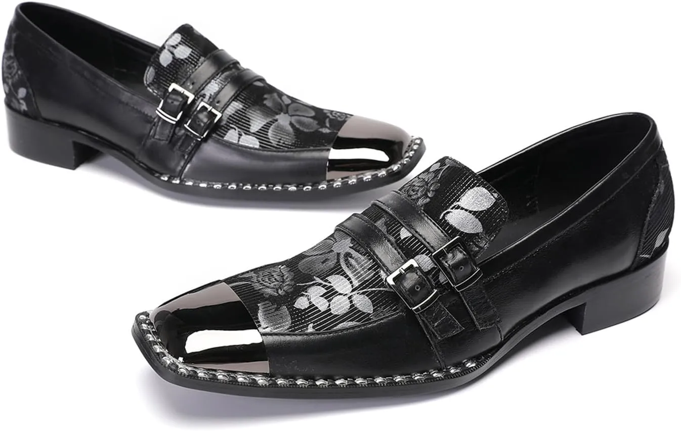 Santimon Mens Loafers Wedding Dress Slip On Shoes Metal Square Toe Penny Loafers Genuine Leather Double Buckles Casual Shoes for Men Prom Western Dsico Ballroom Smoking Mocasines
