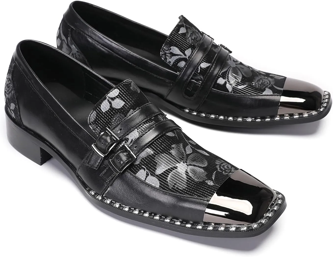 Santimon Mens Loafers Wedding Dress Slip On Shoes Metal Square Toe Penny Loafers Genuine Leather Double Buckles Casual Shoes for Men Prom Western Dsico Ballroom Smoking Mocasines