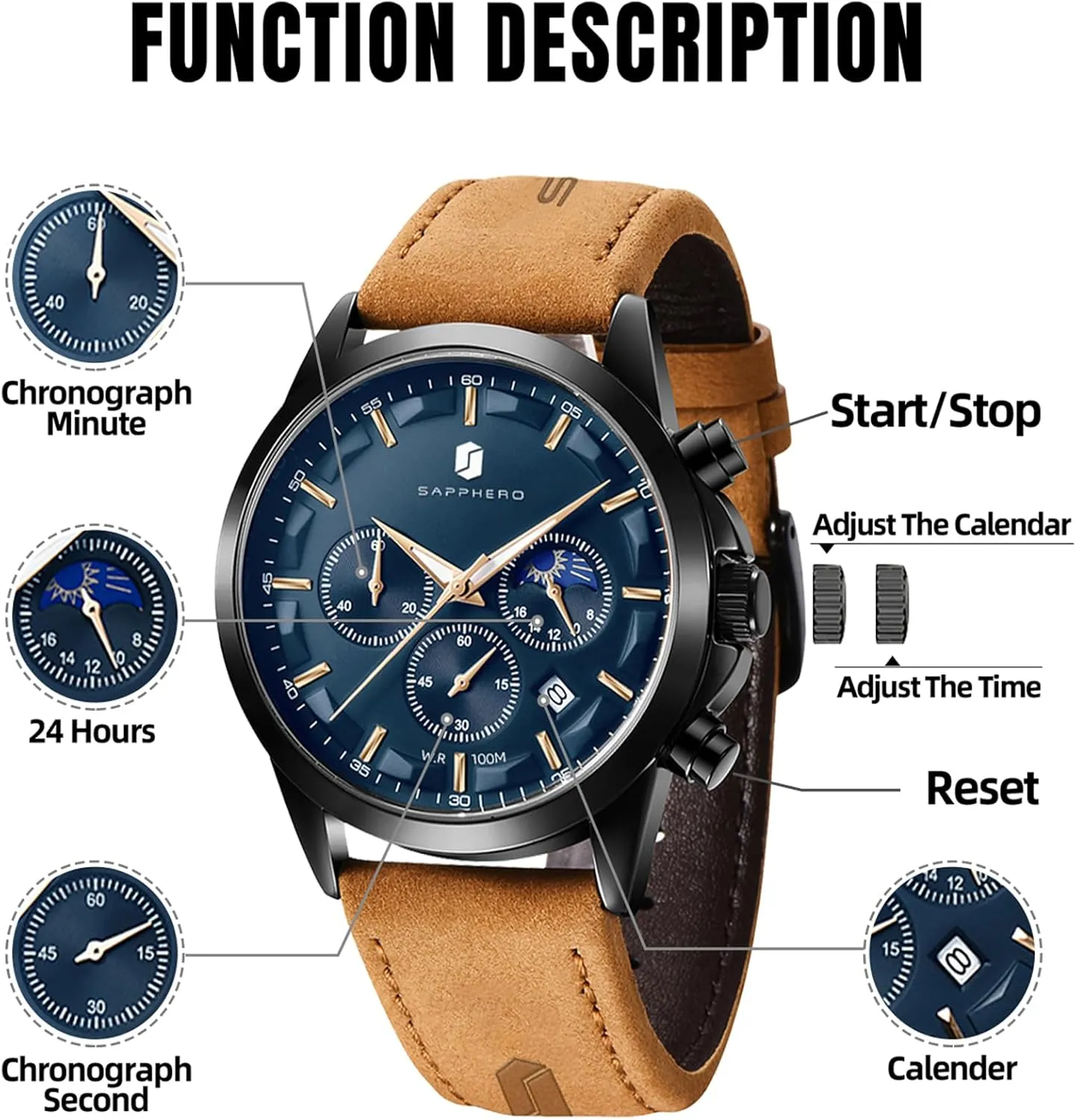SAPPHERO Mens Watches Watches for Men Analog Watch Waterproof Watch Quartz Chronograph Date Display Leather Band Men's Wrist Watches Casual Business Gifts for Men Fashion Designer Mens Dress Watch