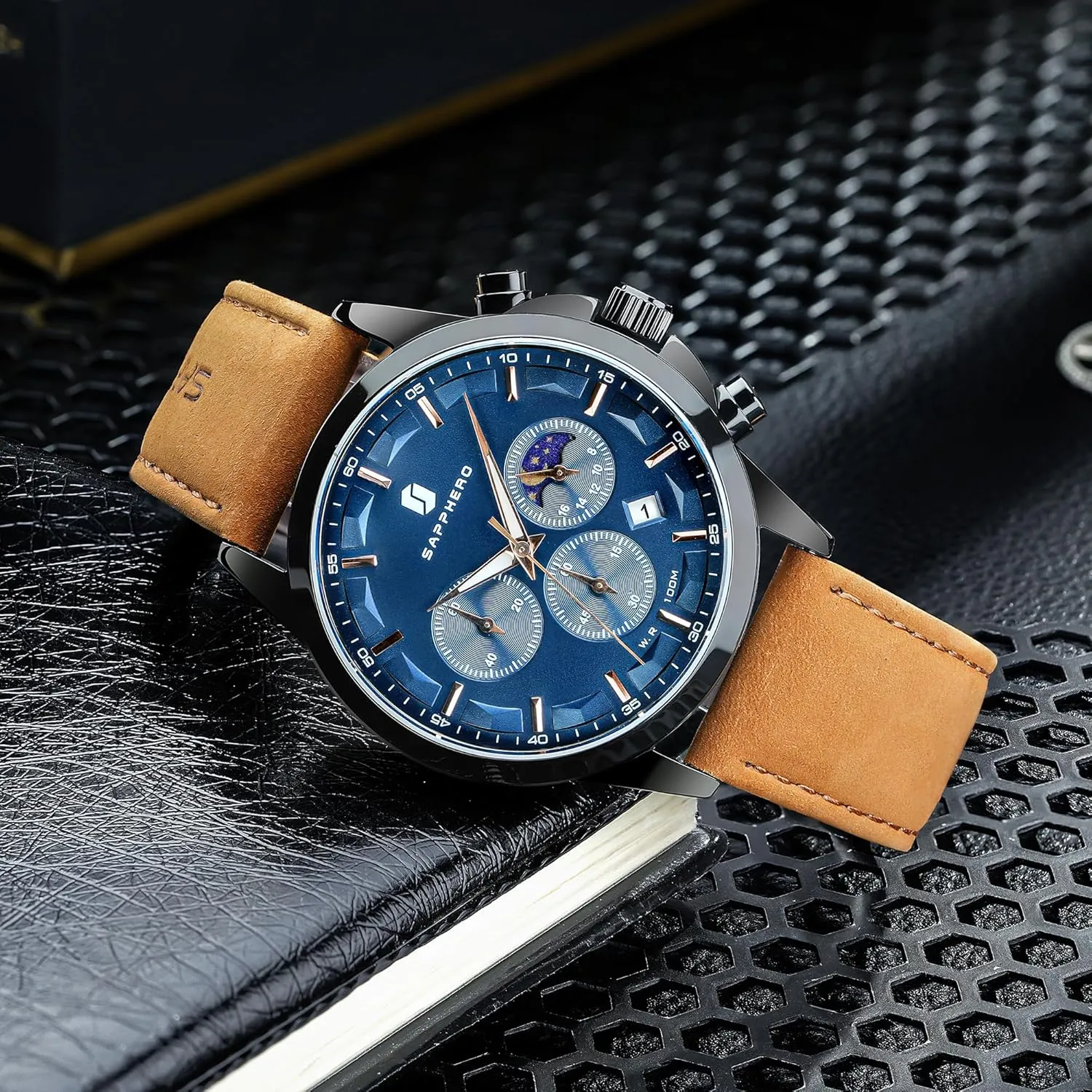 SAPPHERO Mens Watches Watches for Men Analog Watch Waterproof Watch Quartz Chronograph Date Display Leather Band Men's Wrist Watches Casual Business Gifts for Men Fashion Designer Mens Dress Watch