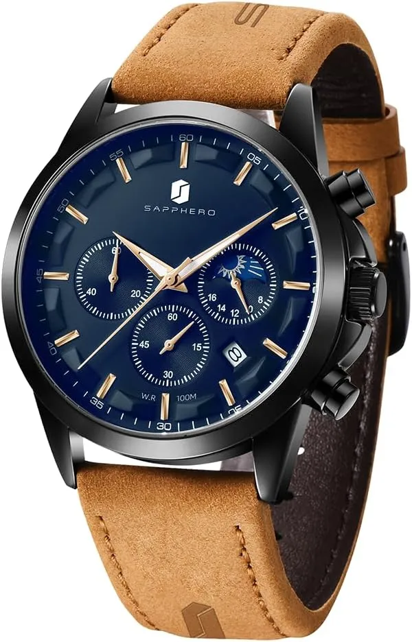SAPPHERO Mens Watches Watches for Men Analog Watch Waterproof Watch Quartz Chronograph Date Display Leather Band Men's Wrist Watches Casual Business Gifts for Men Fashion Designer Mens Dress Watch