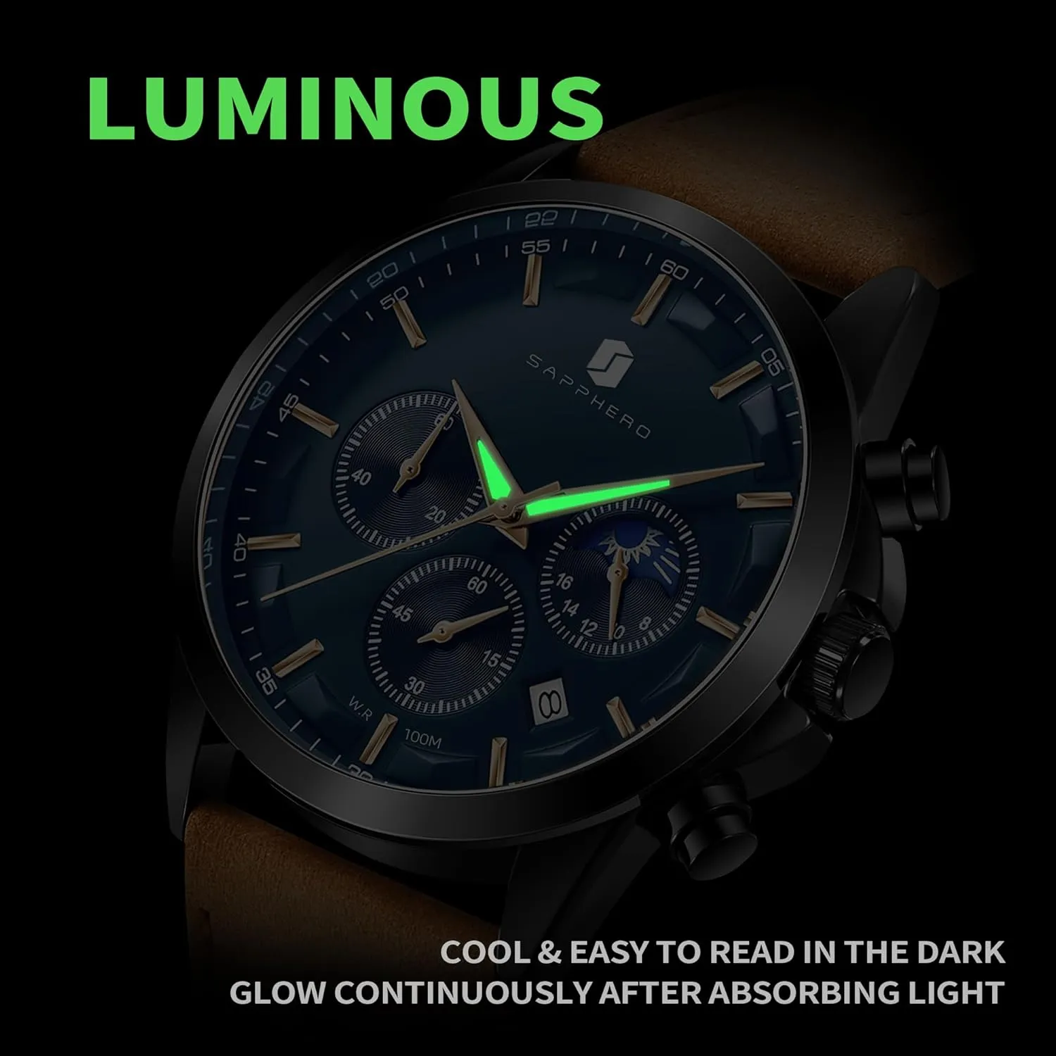 SAPPHERO Mens Watches Watches for Men Analog Watch Waterproof Watch Quartz Chronograph Date Display Leather Band Men's Wrist Watches Casual Business Gifts for Men Fashion Designer Mens Dress Watch