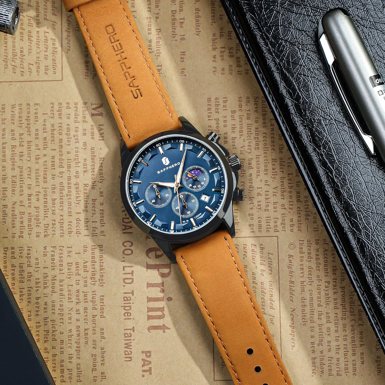 SAPPHERO Mens Watches Watches for Men Analog Watch Waterproof Watch Quartz Chronograph Date Display Leather Band Men's Wrist Watches Casual Business Gifts for Men Fashion Designer Mens Dress Watch