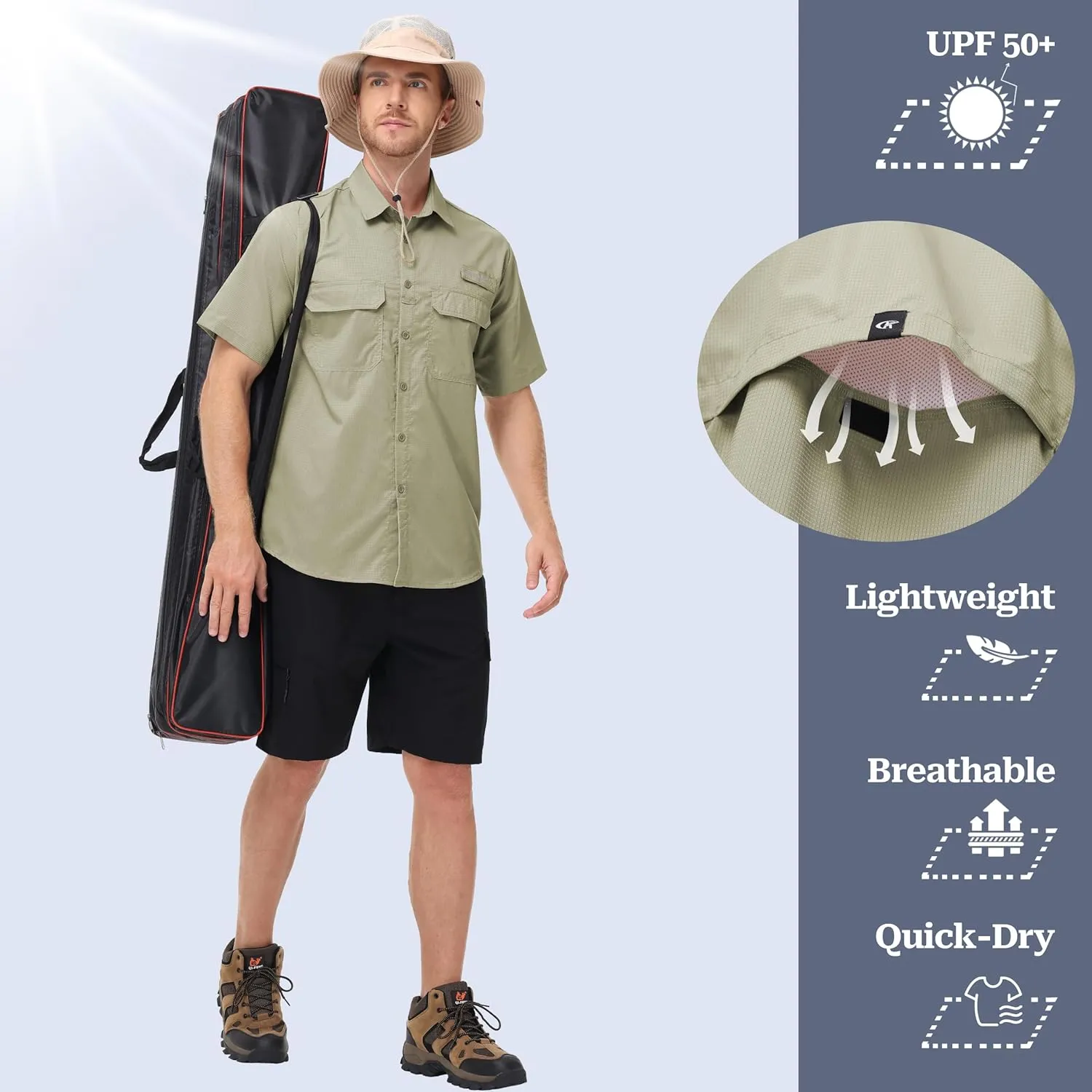 Satankud Fishing Shirts for Men Short Sleeve Sun Protection Cooling Hiking Shirt for Travel Safari Camping Work