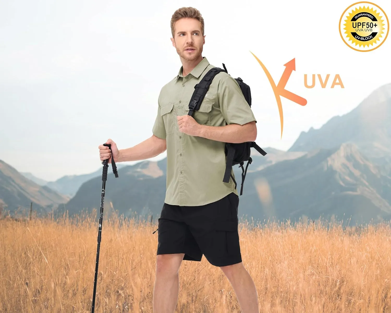 Satankud Fishing Shirts for Men Short Sleeve Sun Protection Cooling Hiking Shirt for Travel Safari Camping Work