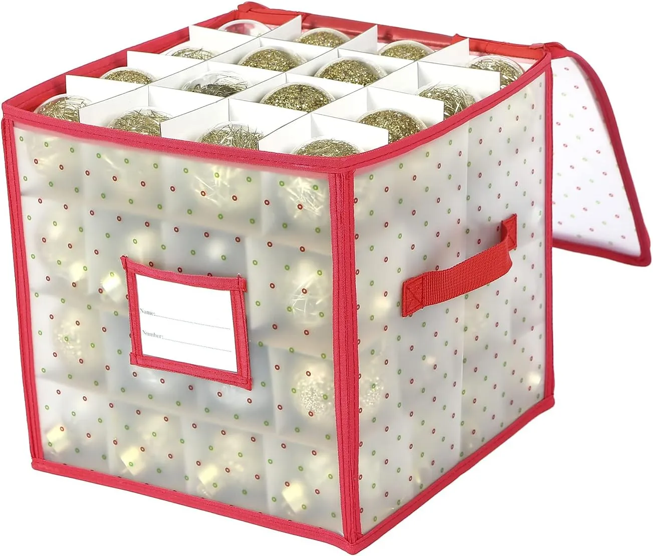 Sattiyrch Plastic Christmas Ornament Storage Box with Zippered Closure - Store up to 64 of the 3-inch Standard Christmas Ornaments, Xmas Ornaments Storage with Dividers & Two Handles