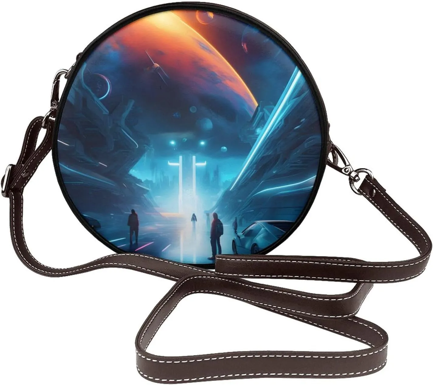 Science Fiction Future Removable Shoulder Strap Waterproof Leather Shoulder Round Bag Crossbody Bag Travel Shopping Dating Handbag Purse