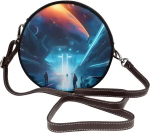 Science Fiction Future Removable Shoulder Strap Waterproof Leather Shoulder Round Bag Crossbody Bag Travel Shopping Dating Handbag Purse