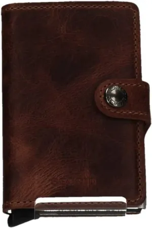 SECRID Mini Wallet Genuine Blue Leather with Titanium RFID Protection/with one Click All Cards Slide Out Gradually (Brown)