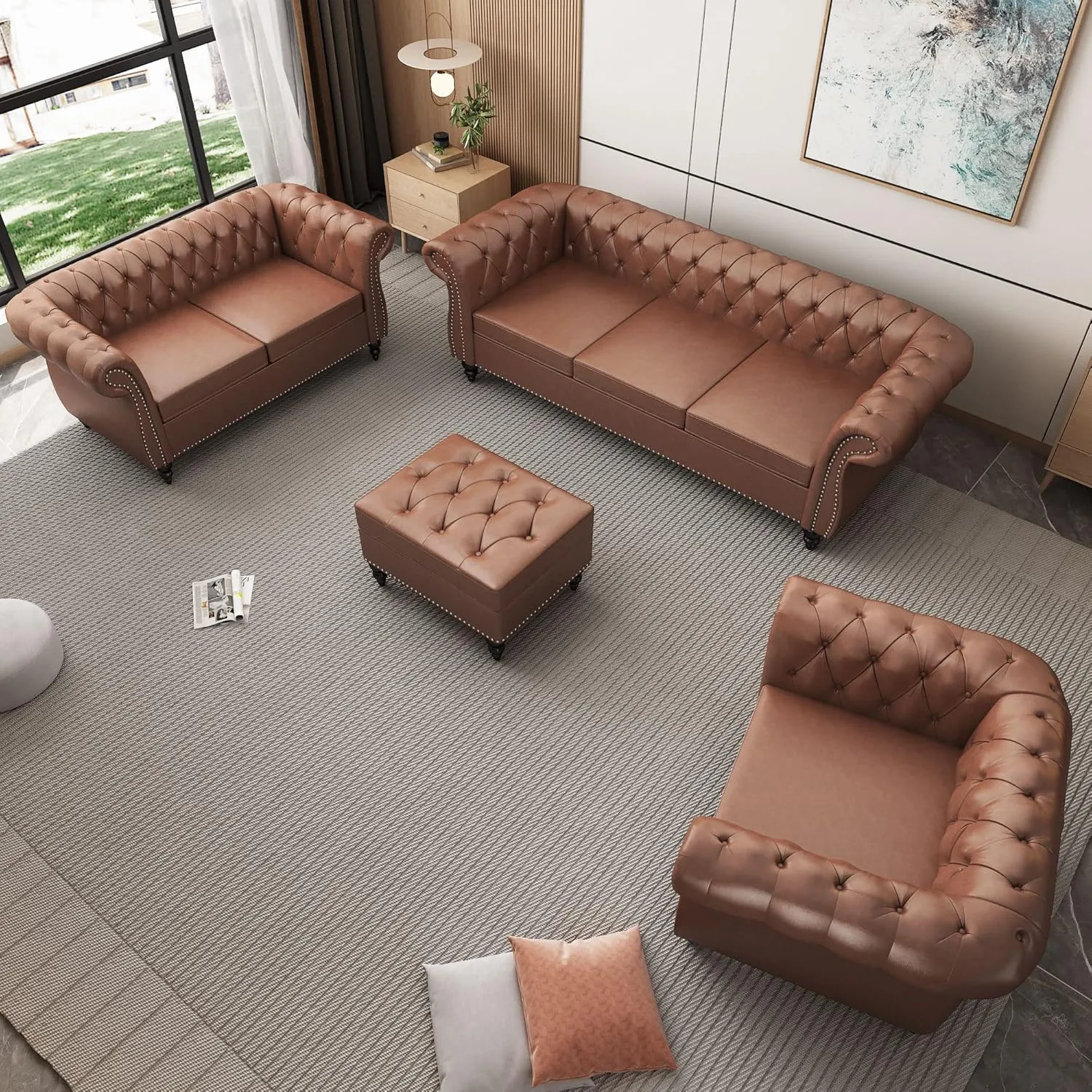 Sectional Modular Sofa Couches, PU Leather Modular Sofa Furniture Set Tufted Cushion Suitable for Small Space Configuration, Office Meeting Room Couch (PU Brown, 1-2-3)