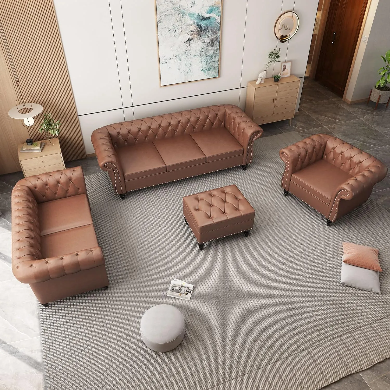 Sectional Modular Sofa Couches, PU Leather Modular Sofa Furniture Set Tufted Cushion Suitable for Small Space Configuration, Office Meeting Room Couch (PU Brown, 1-2-3)