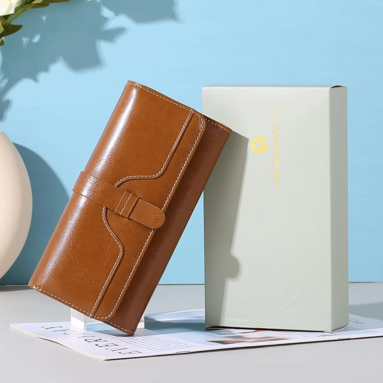 SENDEFN Wallets for Women Real Leather with RFID Blocking Trifold Credit Card Holder with ID Window Wallet