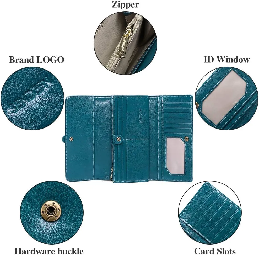 SENDEFN Wallets for Women Real Leather with RFID Blocking Trifold Credit Card Holder with ID Window Wallet