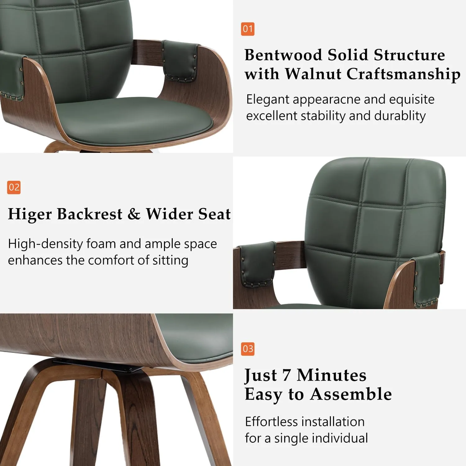 Set of 2 MCM dining Chairs - Swivel Faux Leather Dining Chairs with Arms and Curved Back, Bentwood Structure, Walnut Craftsmanship, Versatile for Kitchen/Restaurant/Conference Room (Walnut Green)