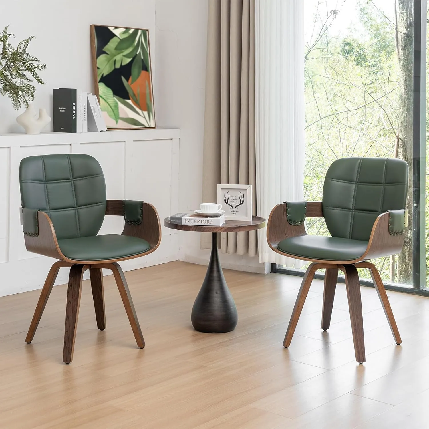 Set of 2 MCM dining Chairs - Swivel Faux Leather Dining Chairs with Arms and Curved Back, Bentwood Structure, Walnut Craftsmanship, Versatile for Kitchen/Restaurant/Conference Room (Walnut Green)