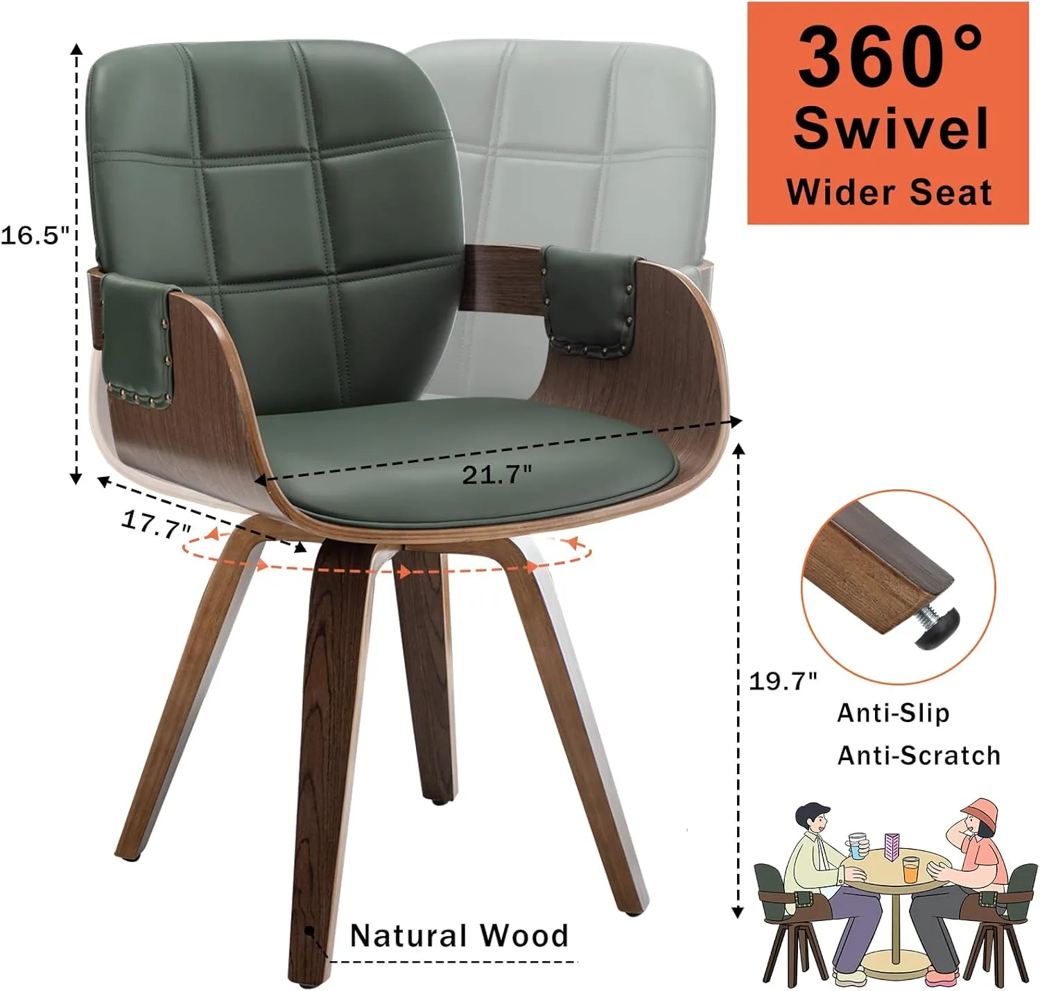 Set of 2 MCM dining Chairs - Swivel Faux Leather Dining Chairs with Arms and Curved Back, Bentwood Structure, Walnut Craftsmanship, Versatile for Kitchen/Restaurant/Conference Room (Walnut Green)
