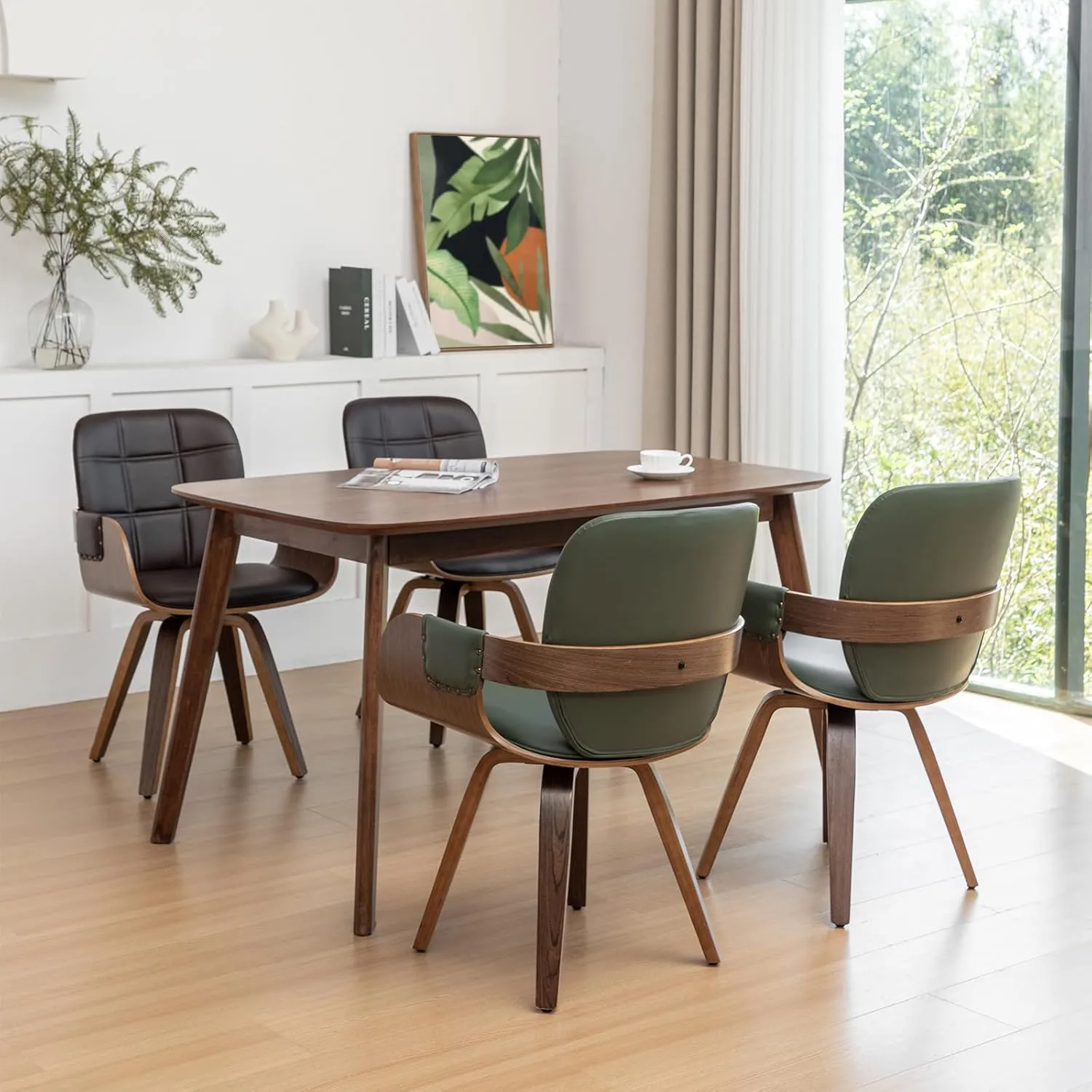 Set of 2 MCM dining Chairs - Swivel Faux Leather Dining Chairs with Arms and Curved Back, Bentwood Structure, Walnut Craftsmanship, Versatile for Kitchen/Restaurant/Conference Room (Walnut Green)