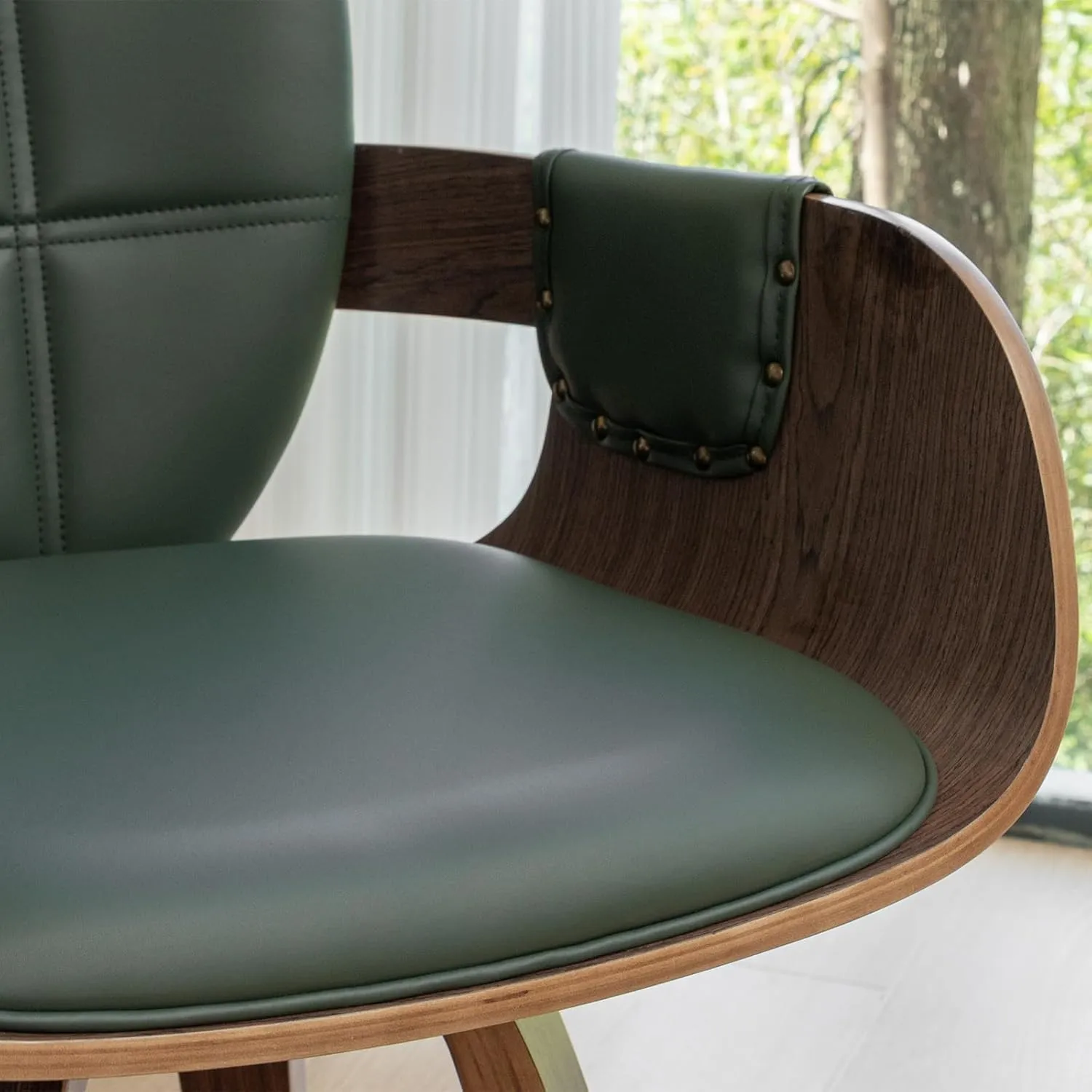 Set of 2 MCM dining Chairs - Swivel Faux Leather Dining Chairs with Arms and Curved Back, Bentwood Structure, Walnut Craftsmanship, Versatile for Kitchen/Restaurant/Conference Room (Walnut Green)