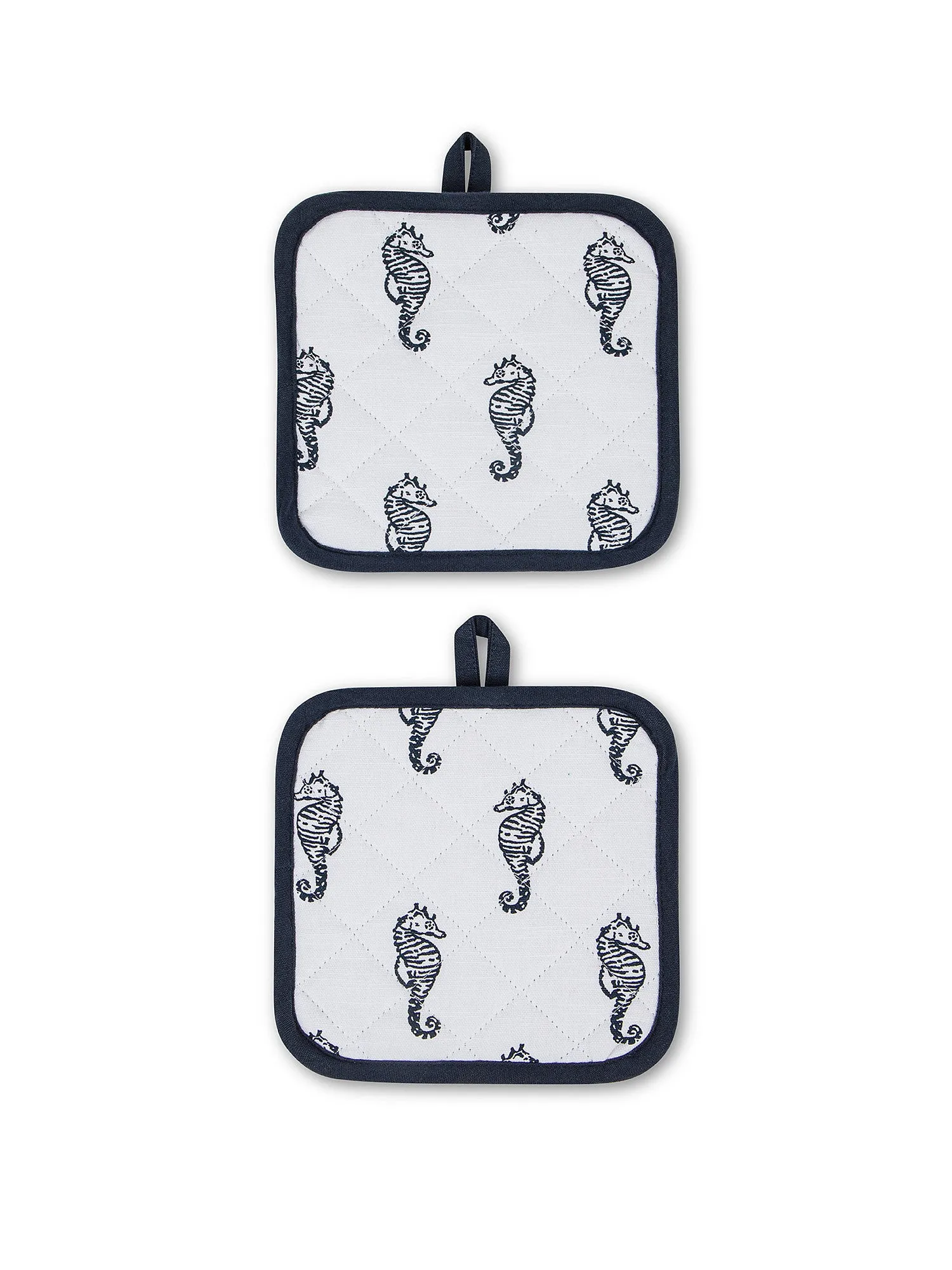 Set of 2 pot holders with seahorses in slub cotton.
