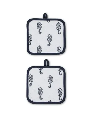 Set of 2 pot holders with seahorses in slub cotton.