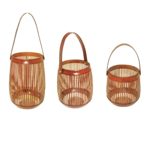 Set of 3 Leather Clad Glass Hanging Hurricane Lamps