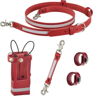 Shield Wallets Firefighter Reflective Radio Strap and Holder Red Leather Bundle Set Includes Radio Holster with Chrome Snaps, Sway Strap, Cord Keepers