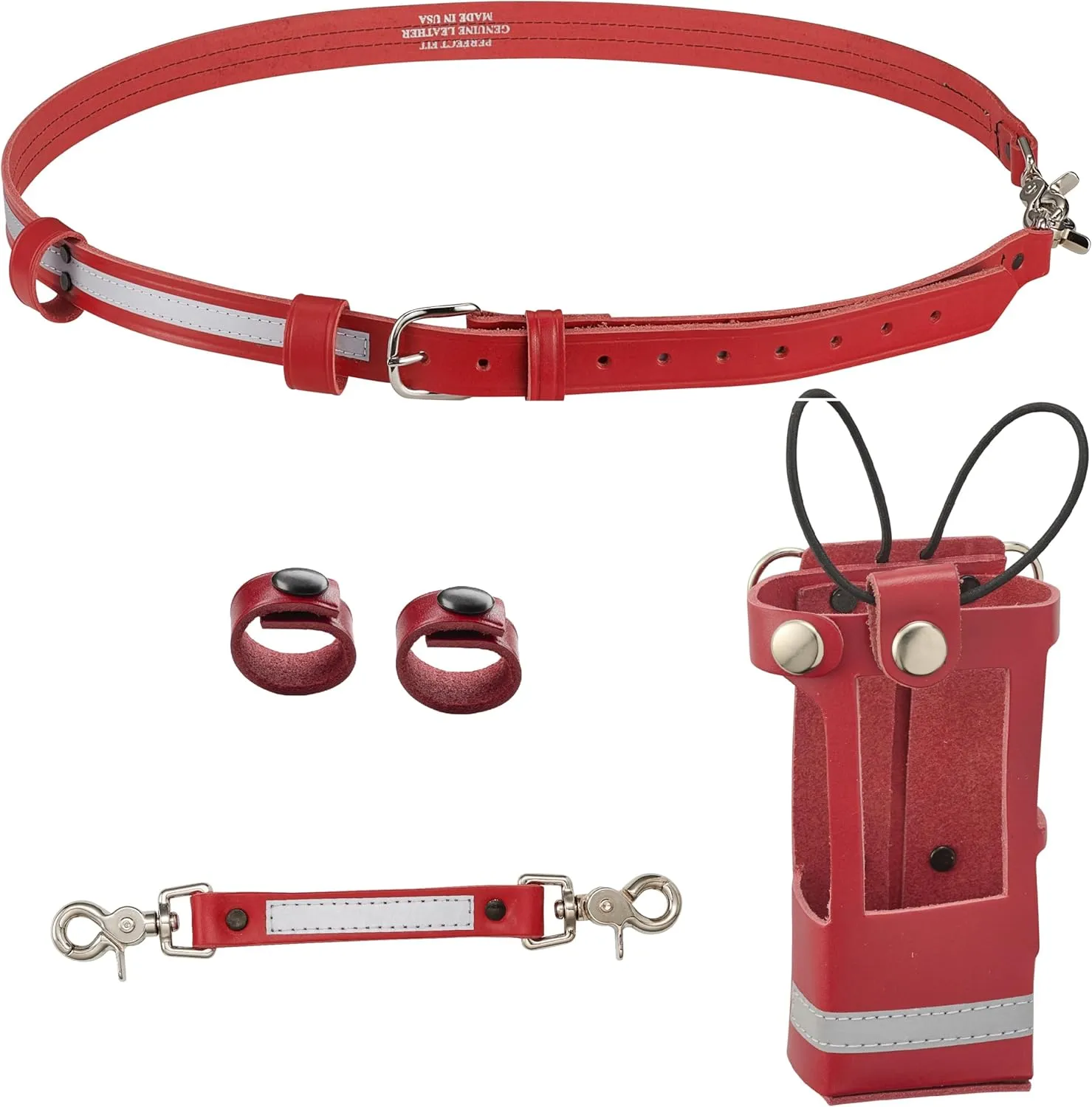 Shield Wallets Firefighter Reflective Radio Strap and Holder Red Leather Bundle Set Includes Radio Holster with Chrome Snaps, Sway Strap, Cord Keepers
