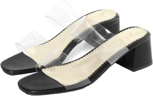 Shinelly Women Transparent Clear Slide Sandals Chunky Heel Mules