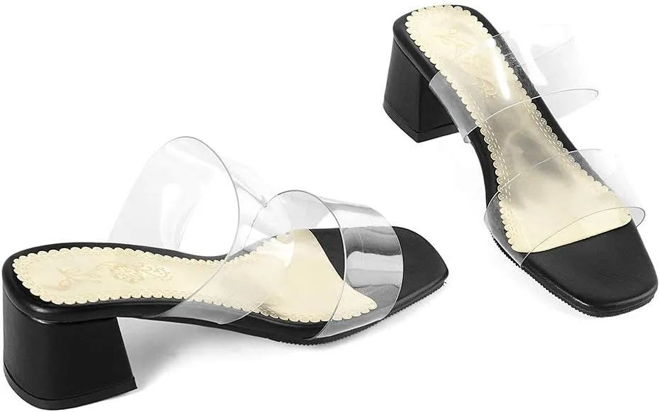 Shinelly Women Transparent Clear Slide Sandals Chunky Heel Mules