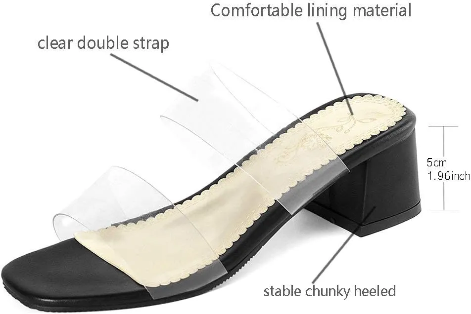 Shinelly Women Transparent Clear Slide Sandals Chunky Heel Mules