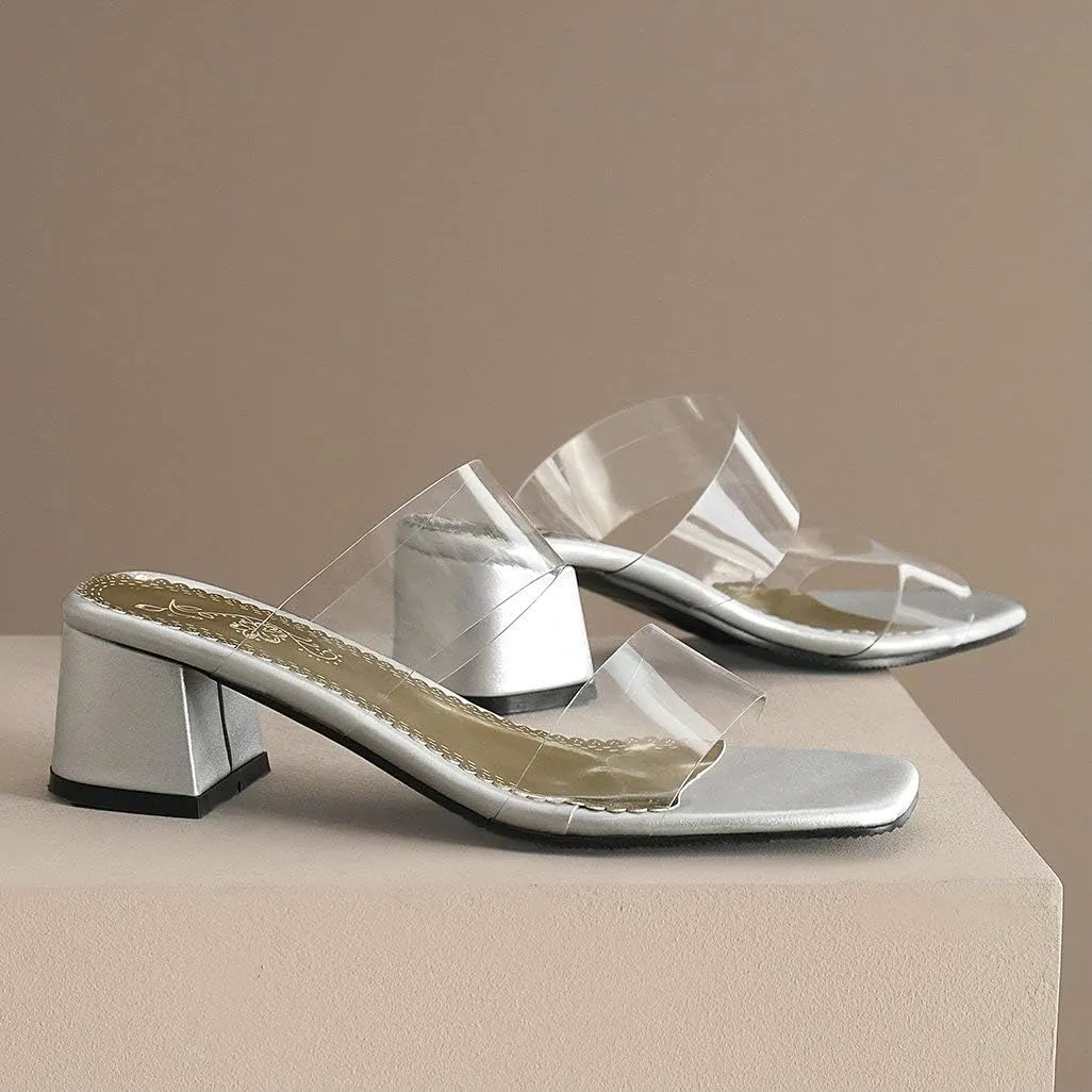 Shinelly Women Transparent Clear Slide Sandals Chunky Heel Mules