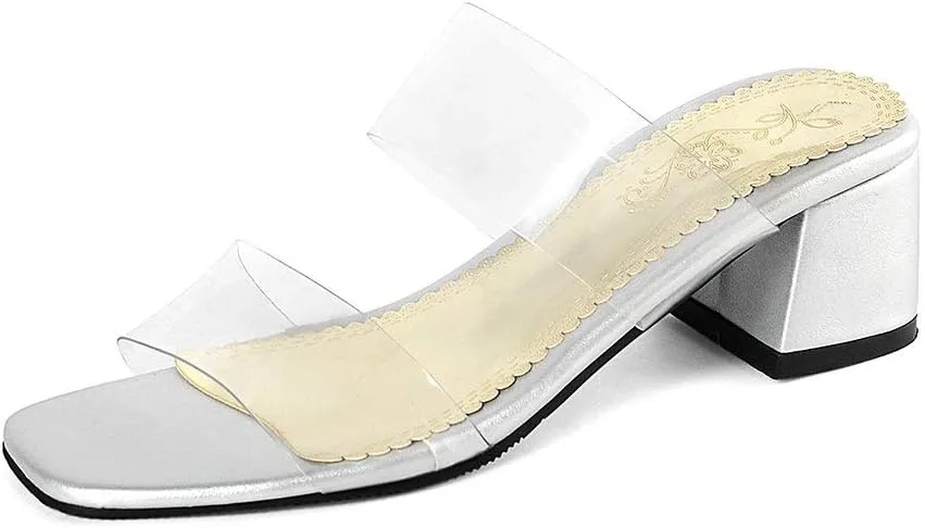 Shinelly Women Transparent Clear Slide Sandals Chunky Heel Mules