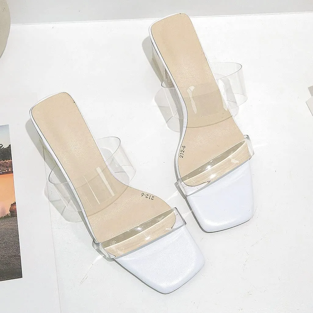 Shinelly Women Transparent Clear Slide Sandals Chunky Heel Mules