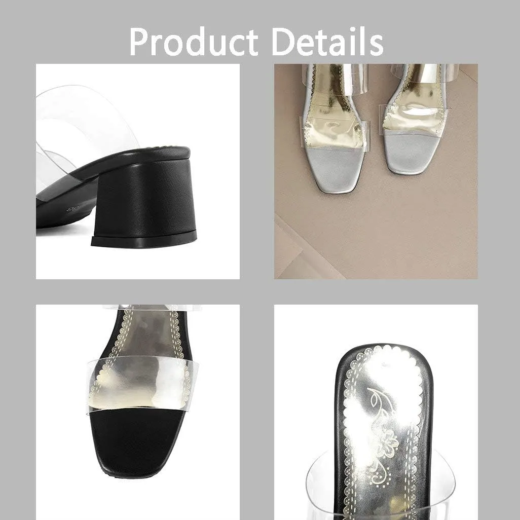 Shinelly Women Transparent Clear Slide Sandals Chunky Heel Mules