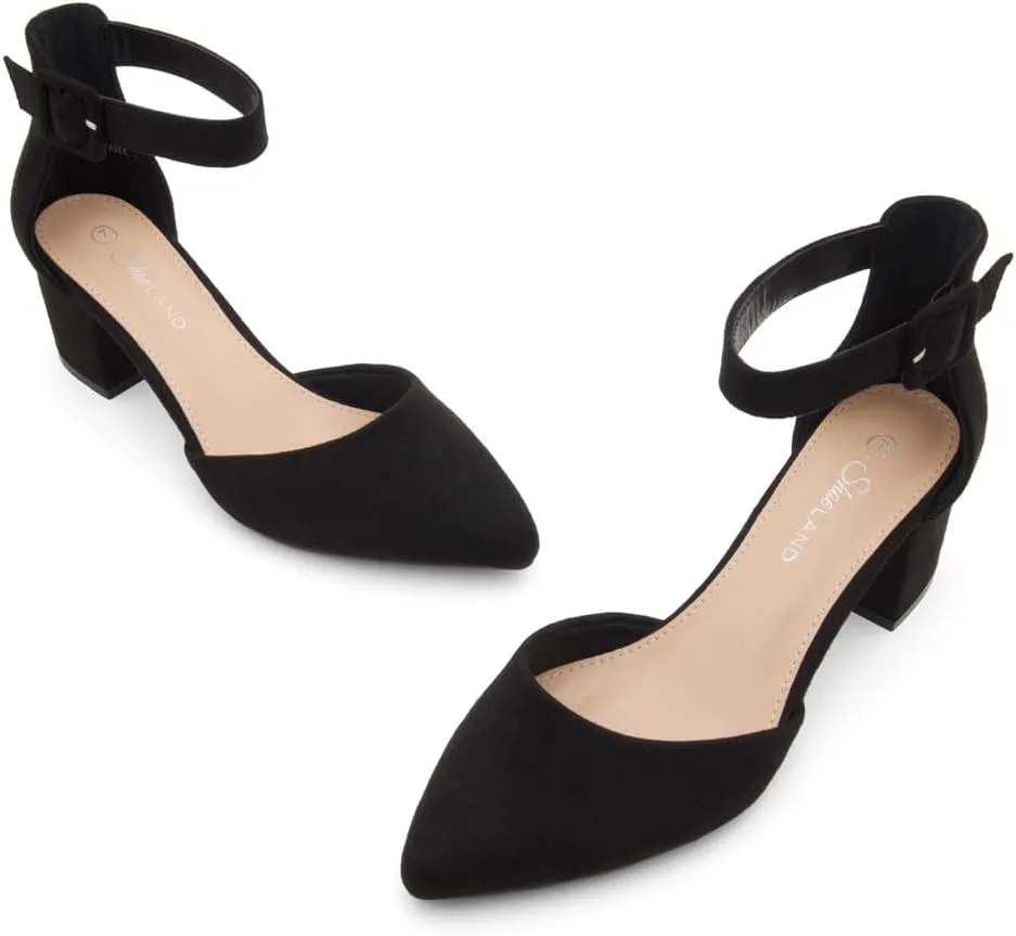 Shoe Land Women's Closed Toe Heels, Comfortable Low Block 2.25 Inch Heel Pumps for Work Office & Business Casual, Pointed Toe Dress Shoes with Adjustable Ankle Straps