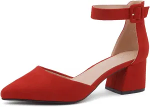 Shoe Land Women's Closed Toe Heels, Comfortable Low Block 2.25 Inch Heel Pumps for Work Office & Business Casual, Pointed Toe Dress Shoes with Adjustable Ankle Straps