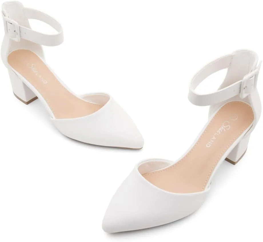 Shoe Land Women's Closed Toe Heels, Comfortable Low Block 2.25 Inch Heel Pumps for Work Office & Business Casual, Pointed Toe Dress Shoes with Adjustable Ankle Straps