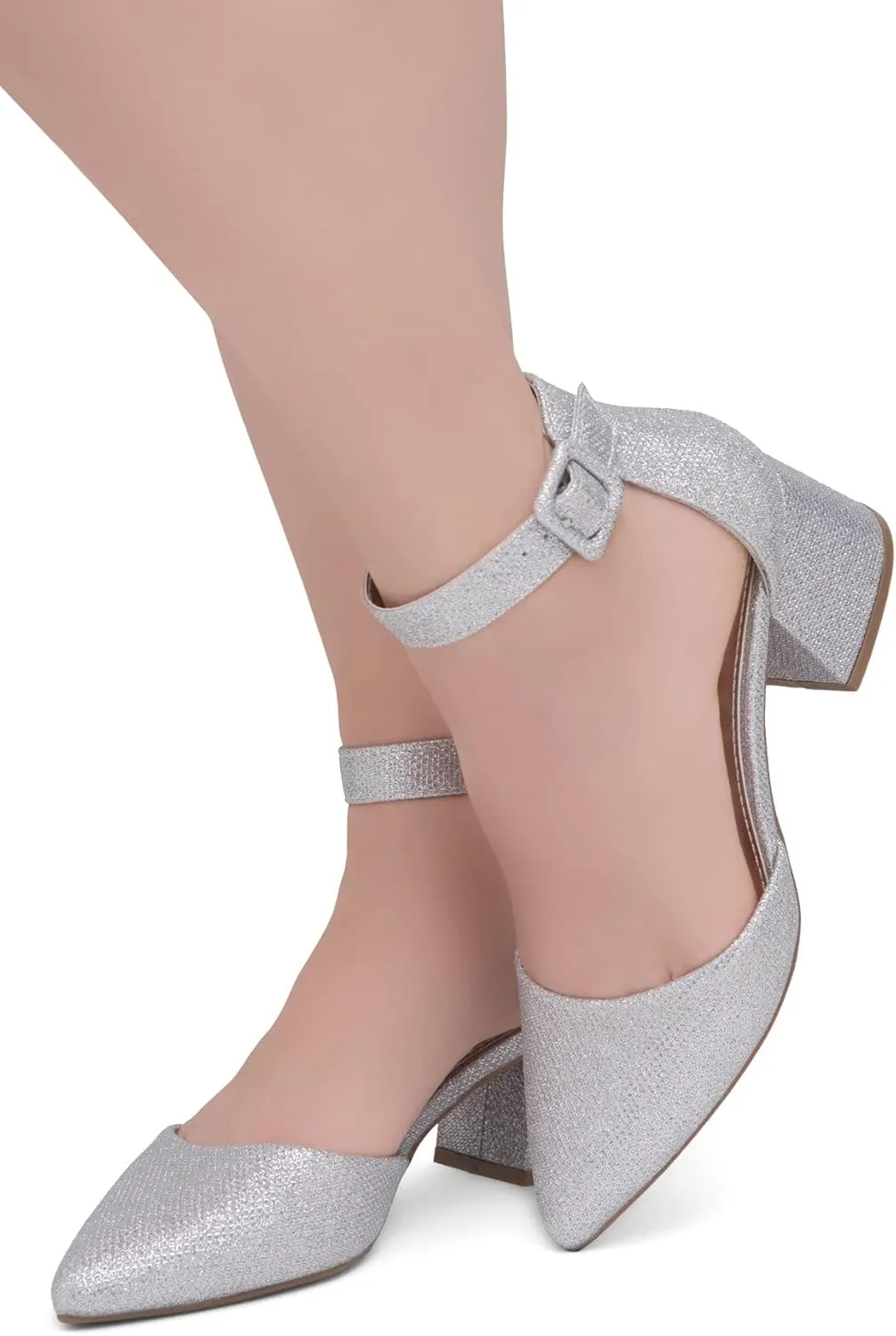 Shoe Land Women's Closed Toe Heels, Comfortable Low Block 2.25 Inch Heel Pumps for Work Office & Business Casual, Pointed Toe Dress Shoes with Adjustable Ankle Straps