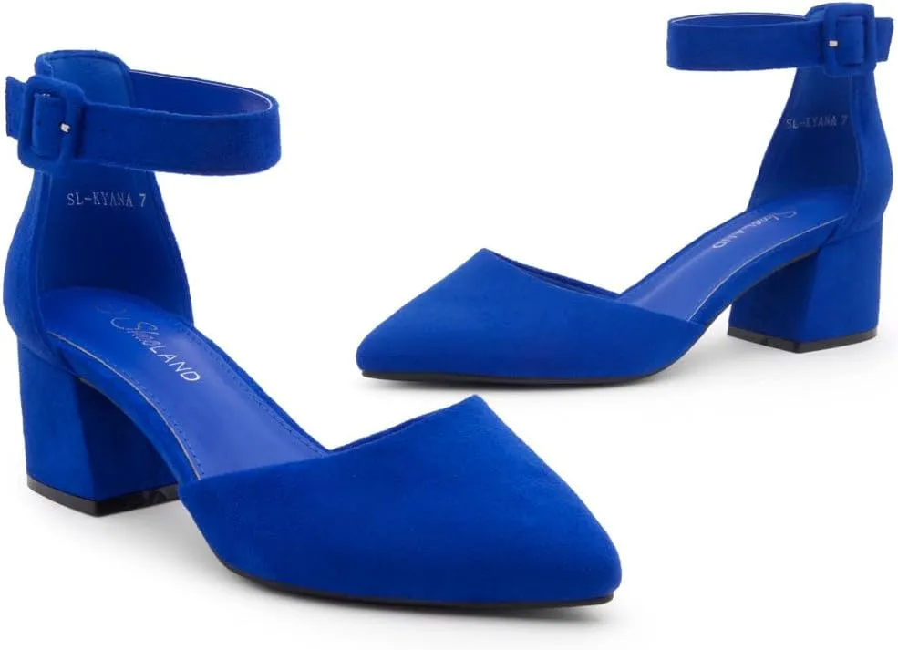 Shoe Land Women's Closed Toe Heels, Comfortable Low Block 2.25 Inch Heel Pumps for Work Office & Business Casual, Pointed Toe Dress Shoes with Adjustable Ankle Straps
