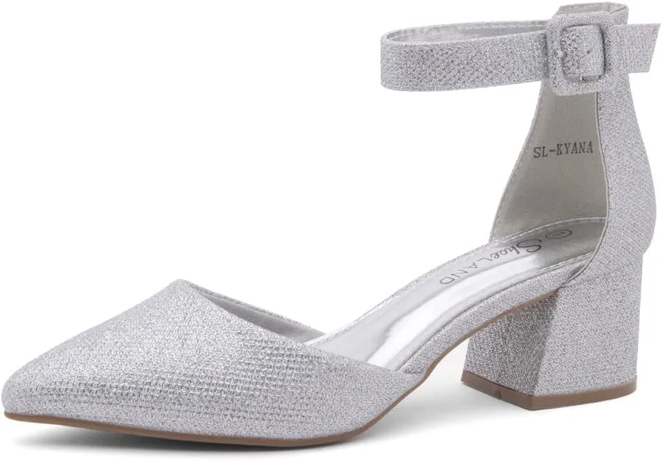 Shoe Land Women's Closed Toe Heels, Comfortable Low Block 2.25 Inch Heel Pumps for Work Office & Business Casual, Pointed Toe Dress Shoes with Adjustable Ankle Straps