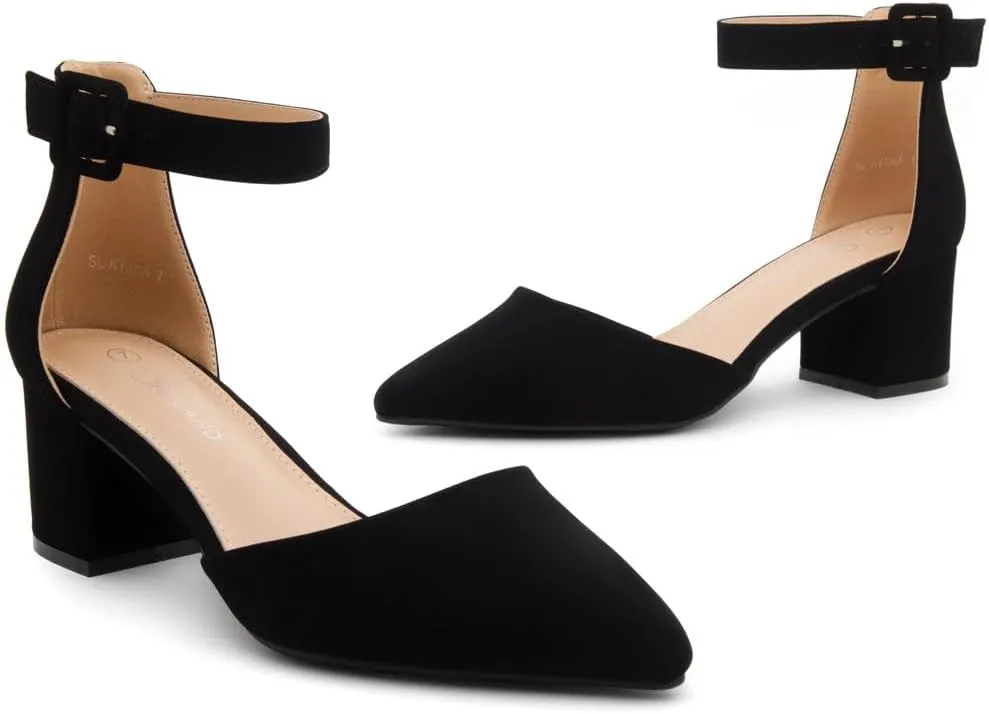 Shoe Land Women's Closed Toe Heels, Comfortable Low Block 2.25 Inch Heel Pumps for Work Office & Business Casual, Pointed Toe Dress Shoes with Adjustable Ankle Straps