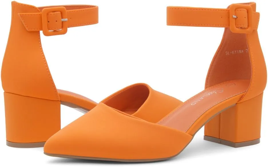 Shoe Land Women's Closed Toe Heels, Comfortable Low Block 2.25 Inch Heel Pumps for Work Office & Business Casual, Pointed Toe Dress Shoes with Adjustable Ankle Straps
