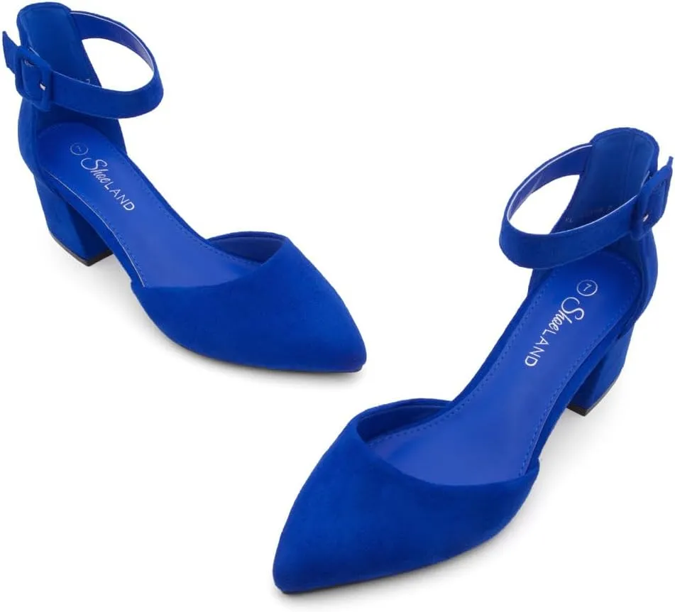 Shoe Land Women's Closed Toe Heels, Comfortable Low Block 2.25 Inch Heel Pumps for Work Office & Business Casual, Pointed Toe Dress Shoes with Adjustable Ankle Straps