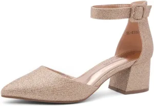 Shoe Land Women's Closed Toe Heels, Comfortable Low Block 2.25 Inch Heel Pumps for Work Office & Business Casual, Pointed Toe Dress Shoes with Adjustable Ankle Straps