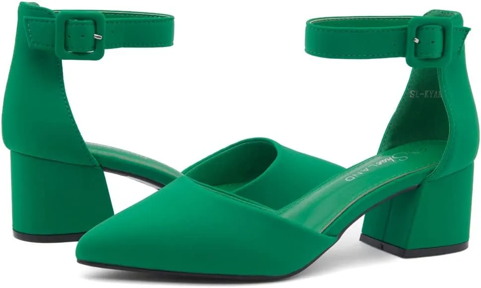 Shoe Land Women's Closed Toe Heels, Comfortable Low Block 2.25 Inch Heel Pumps for Work Office & Business Casual, Pointed Toe Dress Shoes with Adjustable Ankle Straps
