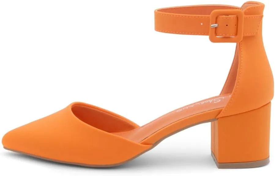 Shoe Land Women's Closed Toe Heels, Comfortable Low Block 2.25 Inch Heel Pumps for Work Office & Business Casual, Pointed Toe Dress Shoes with Adjustable Ankle Straps