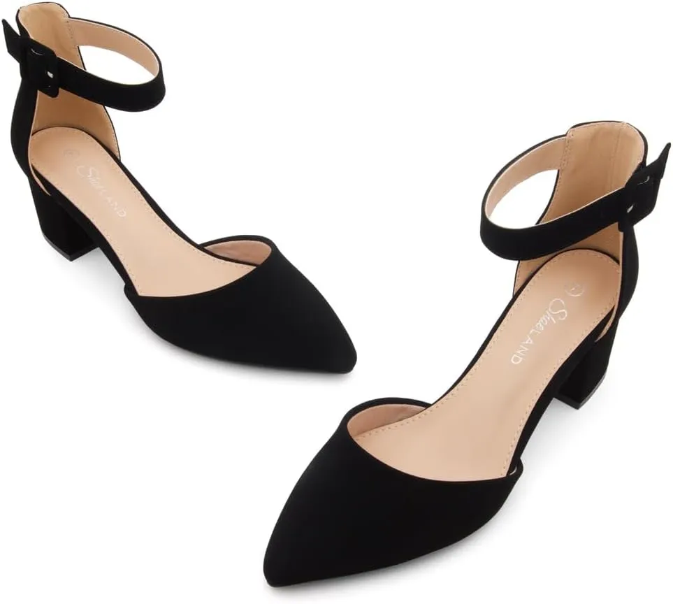 Shoe Land Women's Closed Toe Heels, Comfortable Low Block 2.25 Inch Heel Pumps for Work Office & Business Casual, Pointed Toe Dress Shoes with Adjustable Ankle Straps