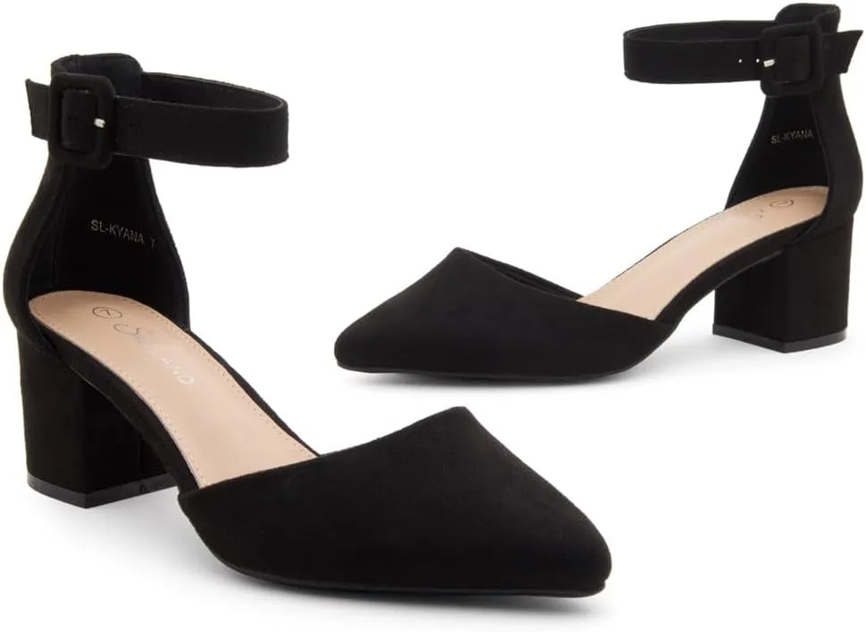 Shoe Land Women's Closed Toe Heels, Comfortable Low Block 2.25 Inch Heel Pumps for Work Office & Business Casual, Pointed Toe Dress Shoes with Adjustable Ankle Straps