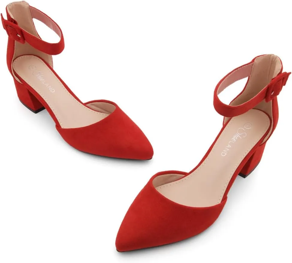 Shoe Land Women's Closed Toe Heels, Comfortable Low Block 2.25 Inch Heel Pumps for Work Office & Business Casual, Pointed Toe Dress Shoes with Adjustable Ankle Straps