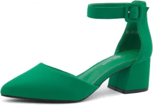 Shoe Land Women's Closed Toe Heels, Comfortable Low Block 2.25 Inch Heel Pumps for Work Office & Business Casual, Pointed Toe Dress Shoes with Adjustable Ankle Straps